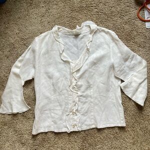 Orvis Linen Blouse Women’s Size Large Cream Ruffle Feminine Natural Cottagecore